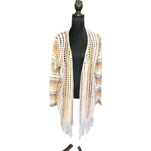 Pol Crochet Beach Boho Open-Knit Fringe Long Cardigan Sweater Multicolor Women S